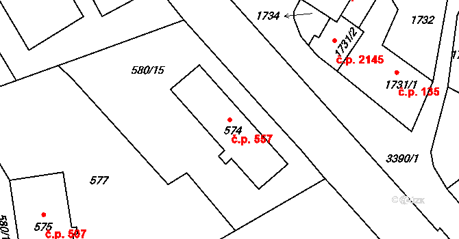 Pelhřimov 557 na parcele st. 574 v KÚ Pelhřimov, Katastrální mapa