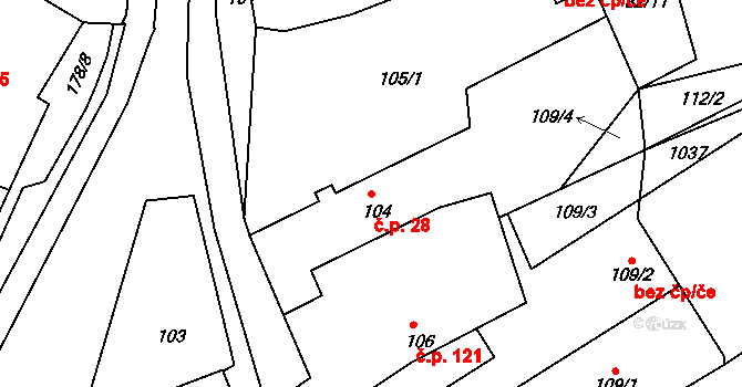 Tušť 28, Suchdol nad Lužnicí na parcele st. 104 v KÚ Tušť, Katastrální mapa