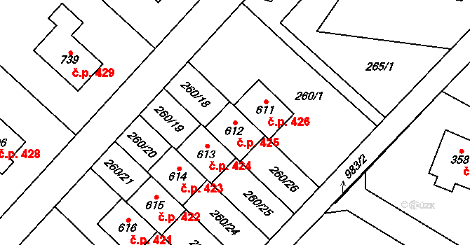 Podhůří 425, Vrchlabí na parcele st. 612 v KÚ Podhůří-Harta, Katastrální mapa