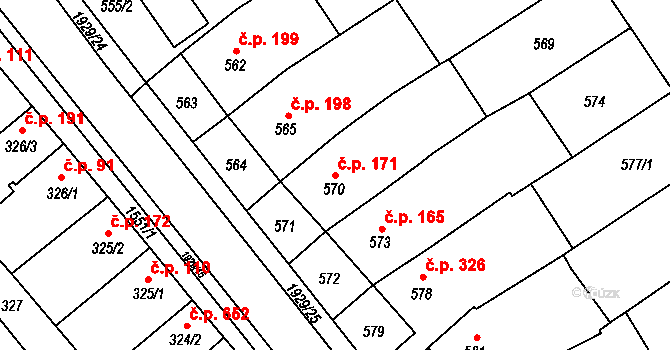 Zbýšov 171 na parcele st. 570 v KÚ Zbýšov u Oslavan, Katastrální mapa