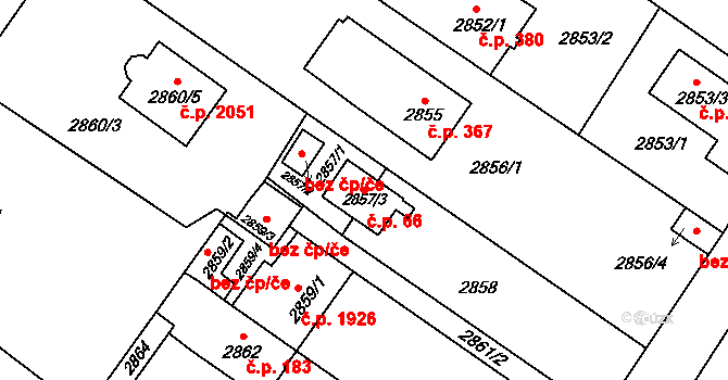 Bolevec 66, Plzeň na parcele st. 2857/3 v KÚ Bolevec, Katastrální mapa
