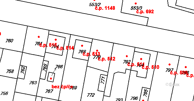 Pečky 512 na parcele st. 770 v KÚ Pečky, Katastrální mapa