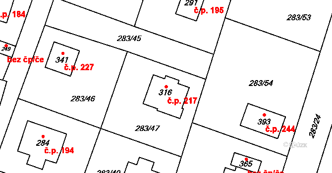 Stará Lysá 217 na parcele st. 316 v KÚ Stará Lysá, Katastrální mapa