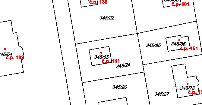 Trubín 111 na parcele st. 345/65 v KÚ Trubín, Katastrální mapa