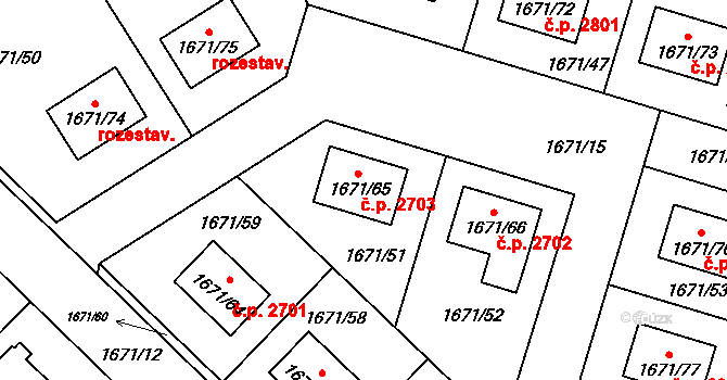 Stodůlky 2703, Praha na parcele st. 1671/65 v KÚ Stodůlky, Katastrální mapa