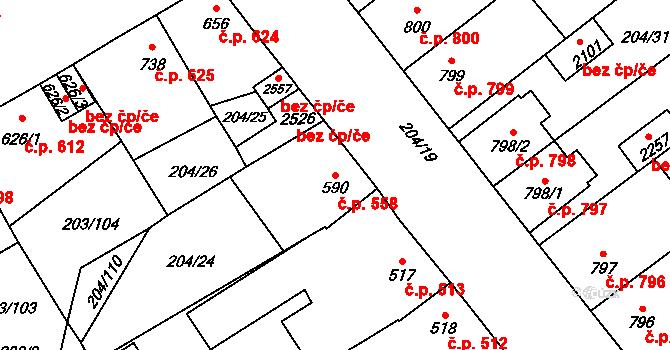 Přeštice 558 na parcele st. 590 v KÚ Přeštice, Katastrální mapa