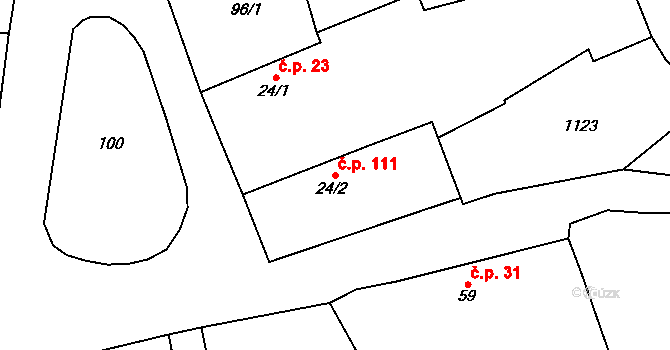 Podmokly 111 na parcele st. 24/2 v KÚ Podmokly nad Berounkou, Katastrální mapa