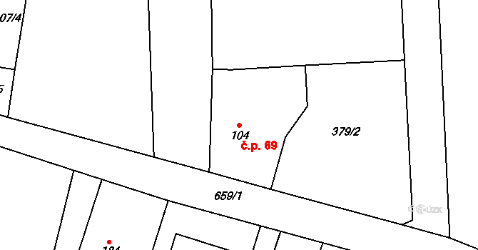 Brozany 69, Staré Hradiště na parcele st. 104 v KÚ Brozany nad Labem, Katastrální mapa