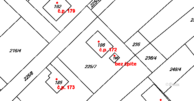 Vysoké Chvojno 172 na parcele st. 186 v KÚ Vysoké Chvojno, Katastrální mapa