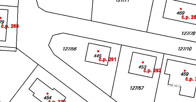 Minice 291, Kralupy nad Vltavou na parcele st. 445 v KÚ Minice u Kralup nad Vltavou, Katastrální mapa