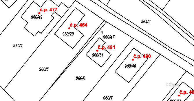 Želešice 491 na parcele st. 960/51 v KÚ Želešice, Katastrální mapa