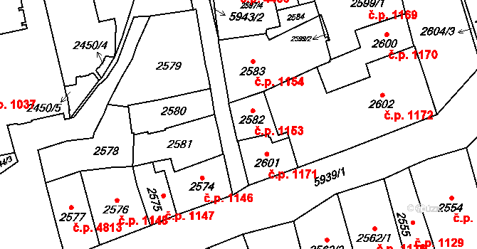 Jihlava 1153 na parcele st. 2582 v KÚ Jihlava, Katastrální mapa