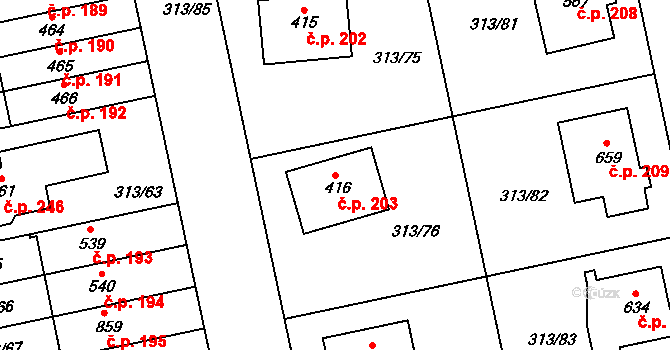 Řež 203, Husinec na parcele st. 416 v KÚ Husinec u Řeže, Katastrální mapa