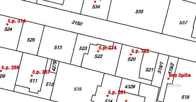 Čelákovice 274 na parcele st. 522 v KÚ Čelákovice, Katastrální mapa