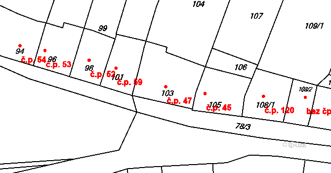 Omice 47 na parcele st. 103 v KÚ Omice, Katastrální mapa