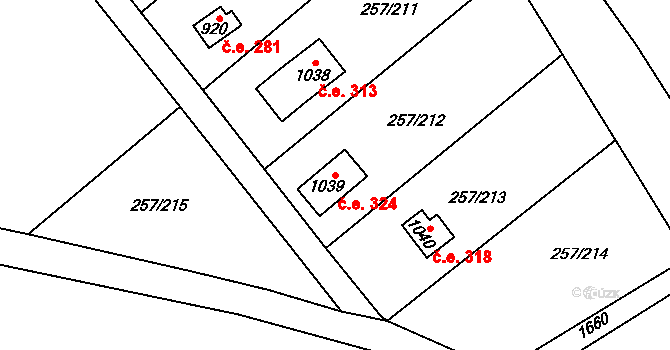 Zlenice 324, Lštění na parcele st. 1039 v KÚ Lštění, Katastrální mapa