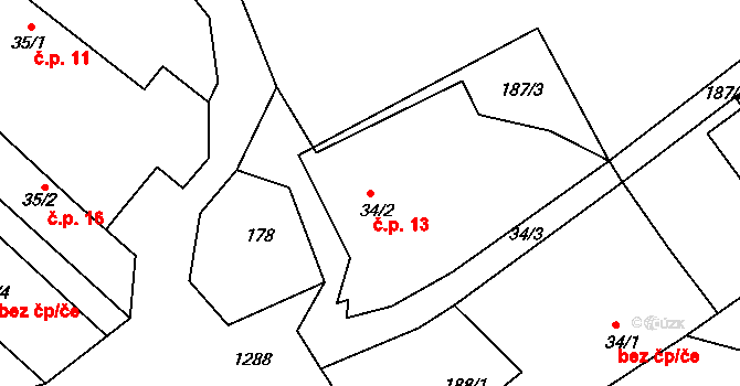 Stuchanov 13, Sedlec-Prčice na parcele st. 34/2 v KÚ Kvasejovice, Katastrální mapa