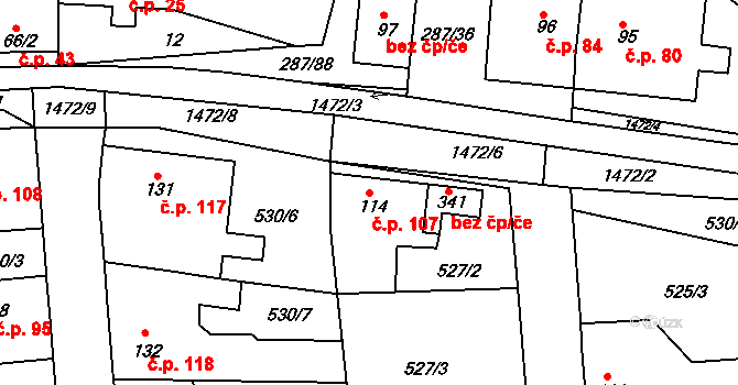 Tetín 107 na parcele st. 114 v KÚ Tetín u Berouna, Katastrální mapa