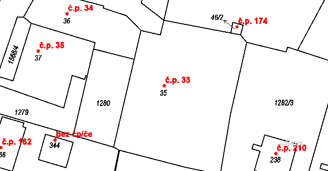 Horní Nová Ves 33, Lázně Bělohrad na parcele st. 35 v KÚ Horní Nová Ves, Katastrální mapa