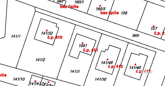 Kostomlaty nad Labem 411 na parcele st. 1041 v KÚ Kostomlaty nad Labem, Katastrální mapa