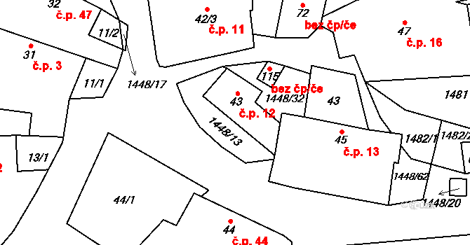 Doubravice 12 na parcele st. 43 v KÚ Doubravice u Strakonic, Katastrální mapa