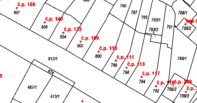 Bystřany 110 na parcele st. 800 v KÚ Bystřany, Katastrální mapa