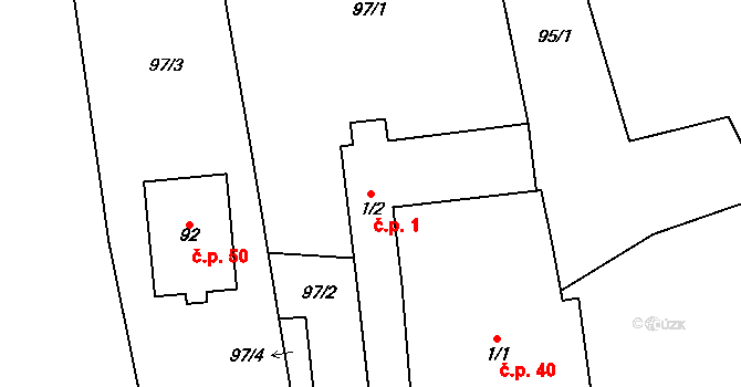 Mančice 1, Dolní Chvatliny na parcele st. 1/2 v KÚ Mančice, Katastrální mapa