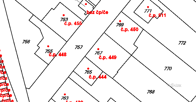Suchdol nad Lužnicí 449 na parcele st. 767 v KÚ Suchdol nad Lužnicí, Katastrální mapa