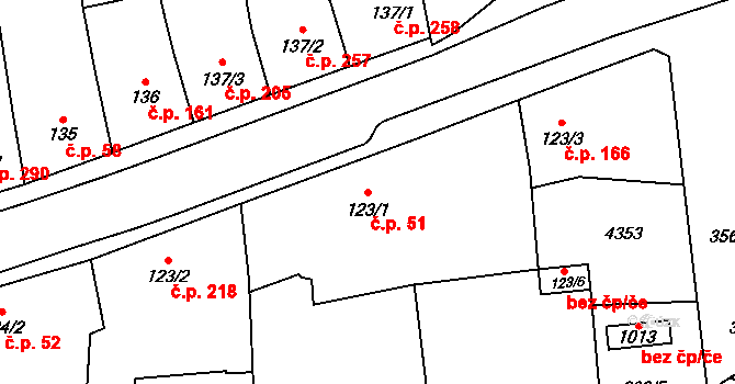 Lomnice nad Lužnicí 51 na parcele st. 123/1 v KÚ Lomnice nad Lužnicí, Katastrální mapa