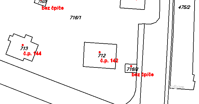 Bohnice 142, Praha na parcele st. 712 v KÚ Bohnice, Katastrální mapa