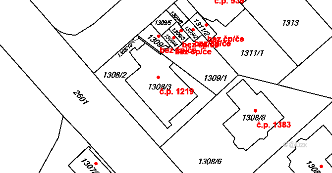 Doubravka 1219, Plzeň na parcele st. 1308/3 v KÚ Doubravka, Katastrální mapa