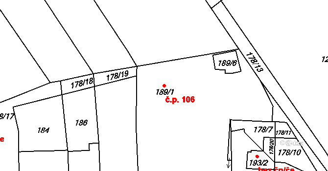 Malešovice 106 na parcele st. 189/1 v KÚ Malešovice, Katastrální mapa