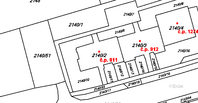 Prostřední Suchá 911, Havířov na parcele st. 2140/2 v KÚ Prostřední Suchá, Katastrální mapa