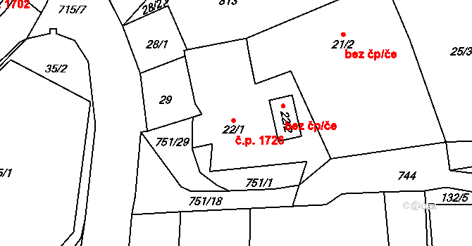Havlíčkův Brod 1726 na parcele st. 22/1 v KÚ Perknov, Katastrální mapa