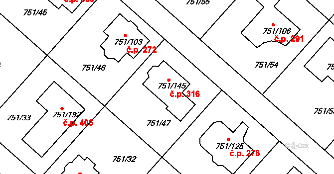 Koloděje 316, Praha na parcele st. 751/145 v KÚ Koloděje, Katastrální mapa