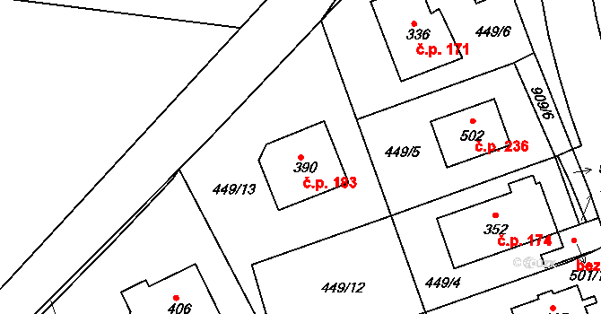 Smrkovice 183, Písek na parcele st. 390 v KÚ Smrkovice, Katastrální mapa