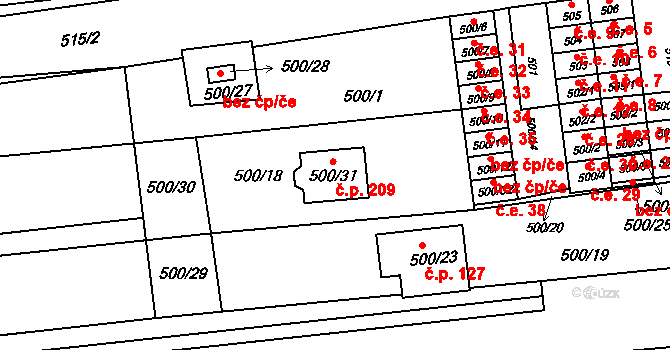 Unkovice 209 na parcele st. 500/31 v KÚ Unkovice, Katastrální mapa