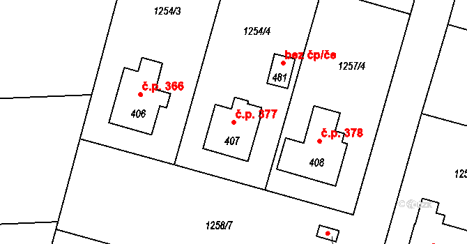 Bystřice 377 na parcele st. 407 v KÚ Bystřice u Benešova, Katastrální mapa