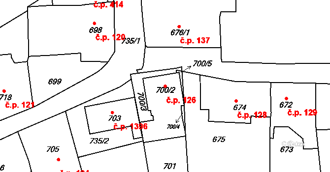 Bystřice nad Pernštejnem 126 na parcele st. 700/2 v KÚ Bystřice nad Pernštejnem, Katastrální mapa