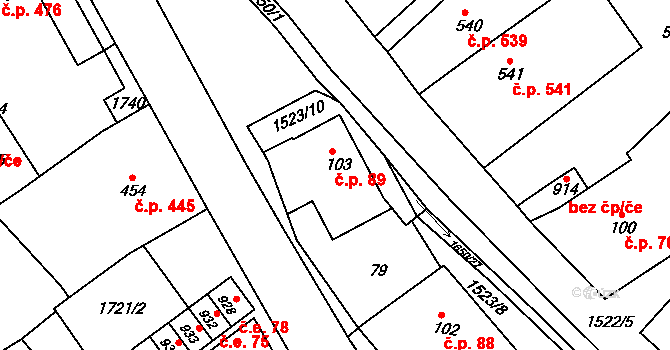 Lom 89 na parcele st. 103 v KÚ Lom u Mostu, Katastrální mapa