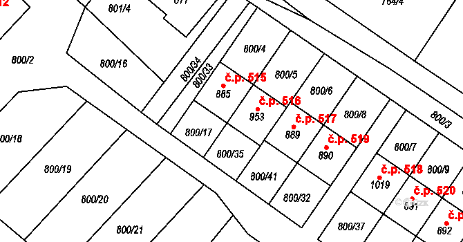 Hanušovice 516 na parcele st. 953 v KÚ Hanušovice, Katastrální mapa
