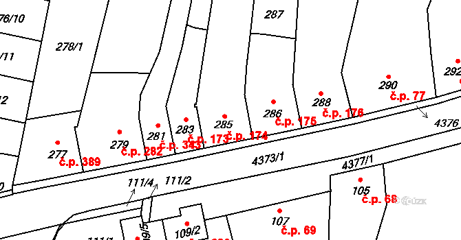 Veselí nad Lužnicí I 174, Veselí nad Lužnicí na parcele st. 285 v KÚ Veselí nad Lužnicí, Katastrální mapa