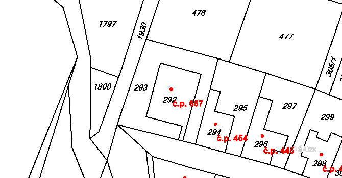 Fulnek 657 na parcele st. 292 v KÚ Fulnek, Katastrální mapa