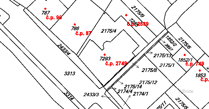 Cheb 2749 na parcele st. 7293 v KÚ Cheb, Katastrální mapa