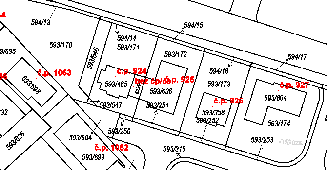 Rajhrad 925 na parcele st. 593/636 v KÚ Rajhrad, Katastrální mapa