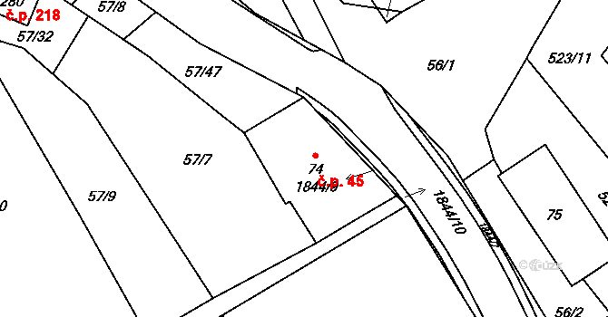 Pěčín 45 na parcele st. 74 v KÚ Pěčín u Rychnova nad Kněžnou, Katastrální mapa