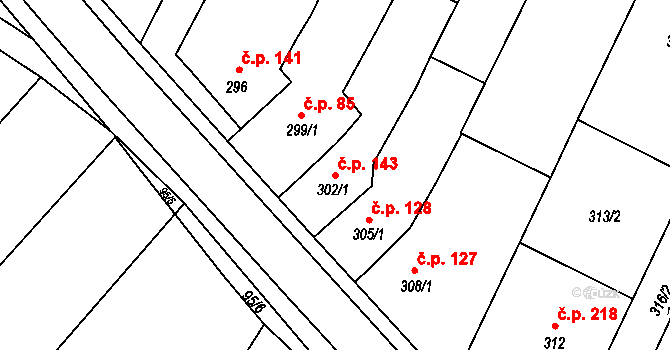 Rychlov 143, Bystřice pod Hostýnem na parcele st. 302/1 v KÚ Rychlov u Bystřice pod Hostýnem, Katastrální mapa