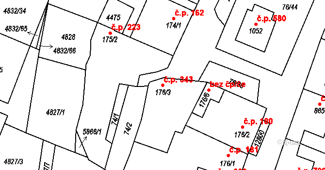 Hrušovany nad Jevišovkou 343 na parcele st. 176/3 v KÚ Hrušovany nad Jevišovkou, Katastrální mapa
