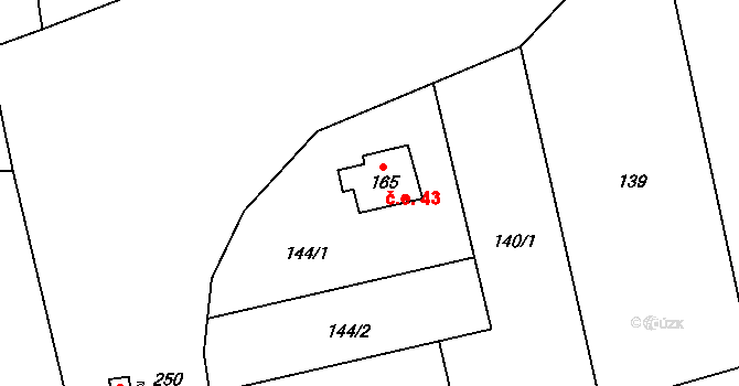 Hranice VII-Slavíč 43, Hranice na parcele st. 165 v KÚ Slavíč, Katastrální mapa