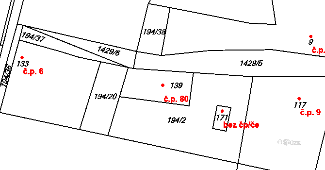 Polipsy 80, Čestín na parcele st. 139 v KÚ Polipsy, Katastrální mapa